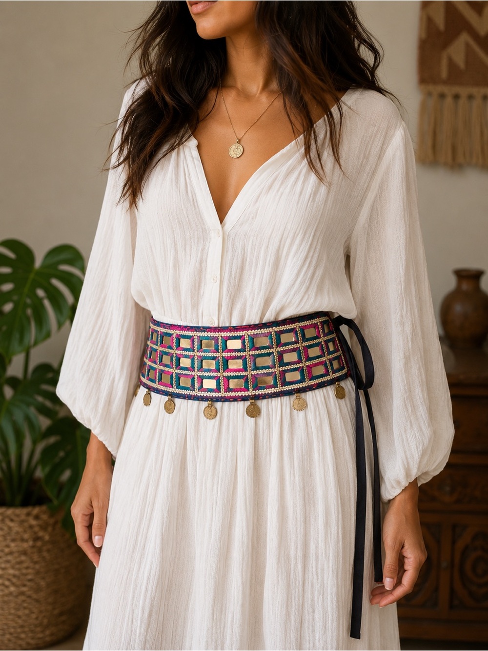 Vintage Indian Mirror Work Embroidered Belt Sash with Coin Charms